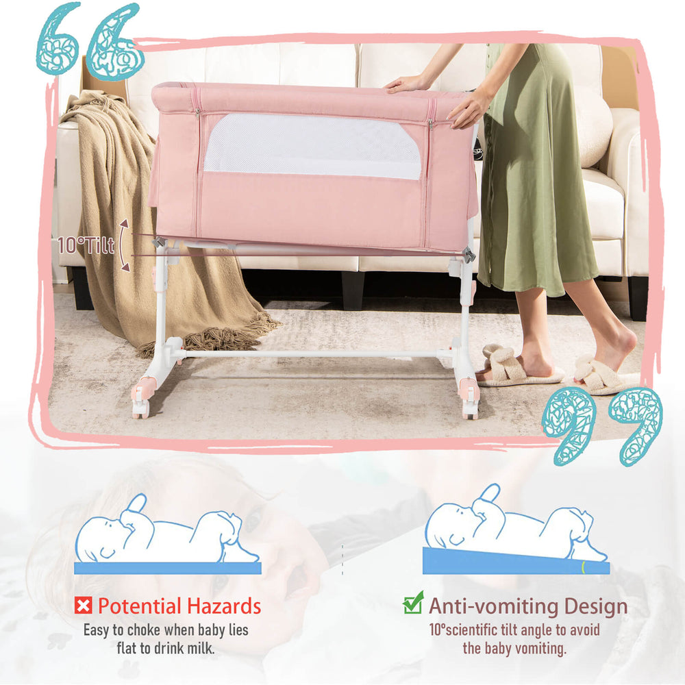 Portable pink baby bedside bassinet with adjustable height, breathable mesh, and anti-vomiting design for safe sleeping.