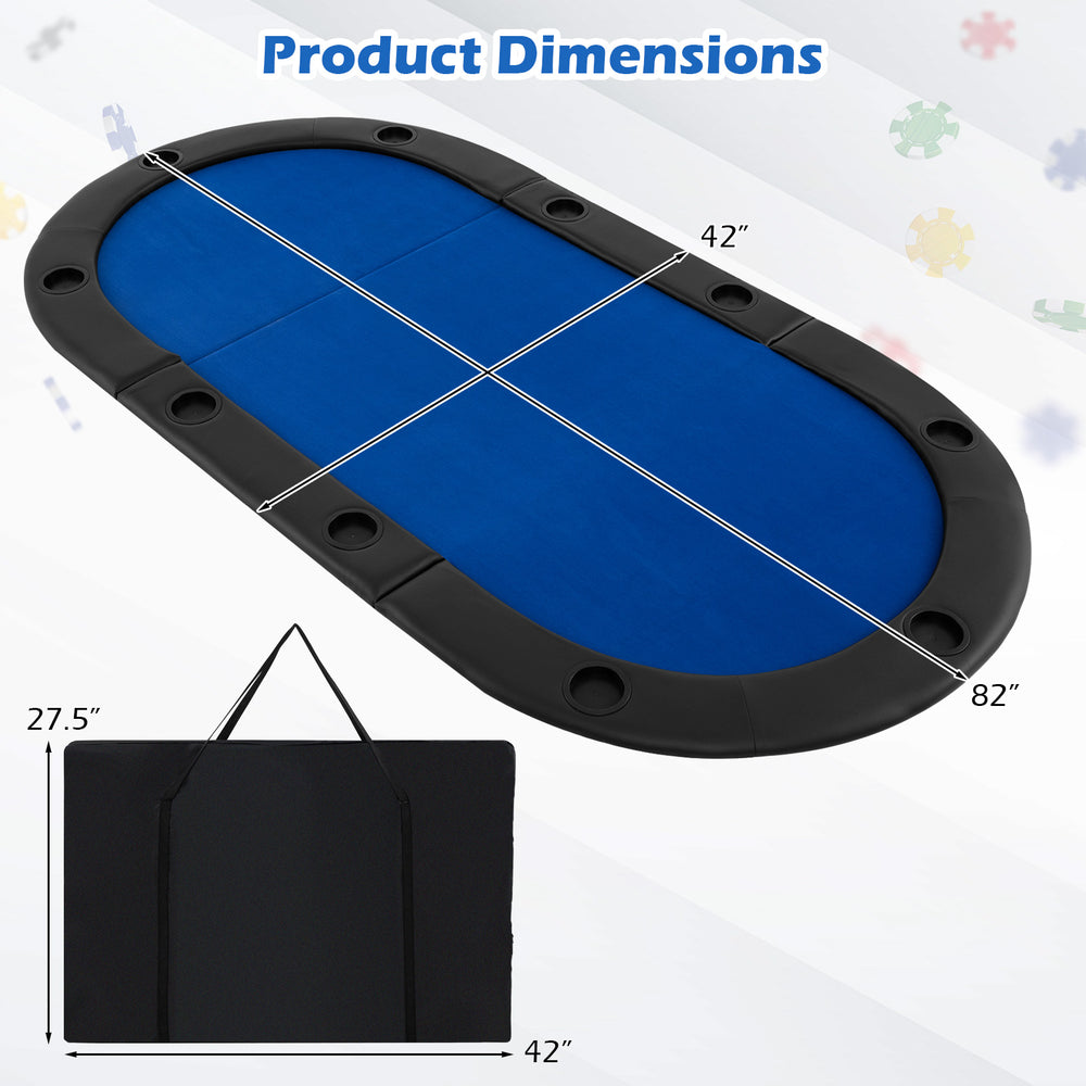 Portable 84 x 42 inch foldable poker table top in blue with 10 cup holders, ideal for game rooms and outdoor events.