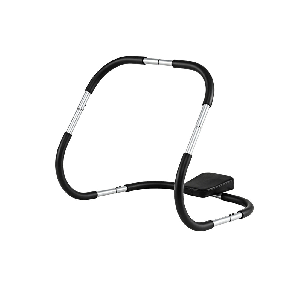 Portable AB trainer with a U-shaped base, thick padded headrest, and ergonomic foam handles for versatile workouts at home or office.