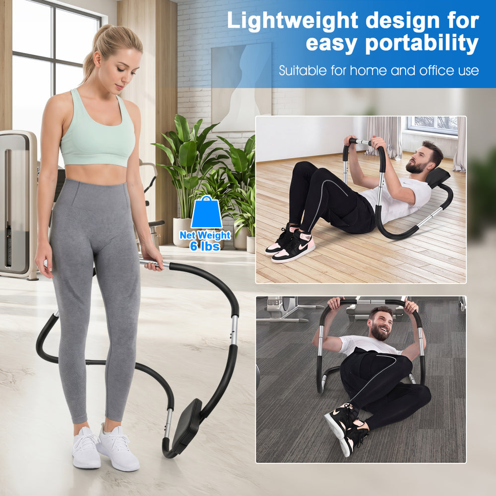 Portable AB trainer with foam handle and headrest, designed for home or office use, offers lightweight and stable exercise support.