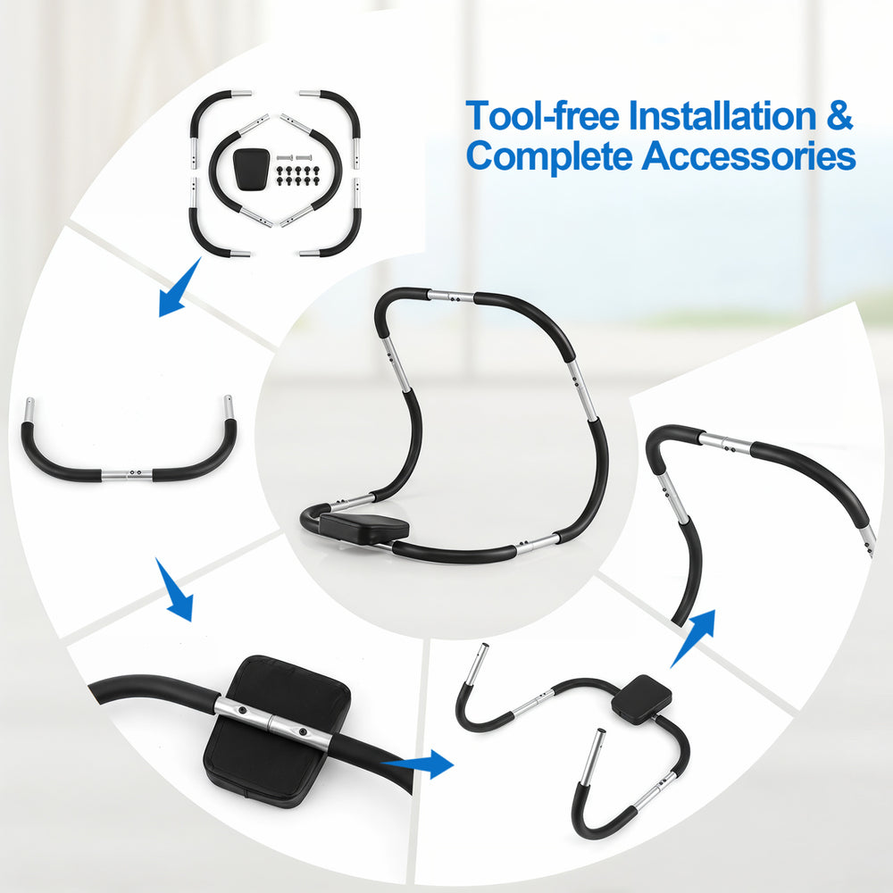 Portable AB trainer with headrest and foam handle, featuring tool-free installation and a lightweight design for easy transport.