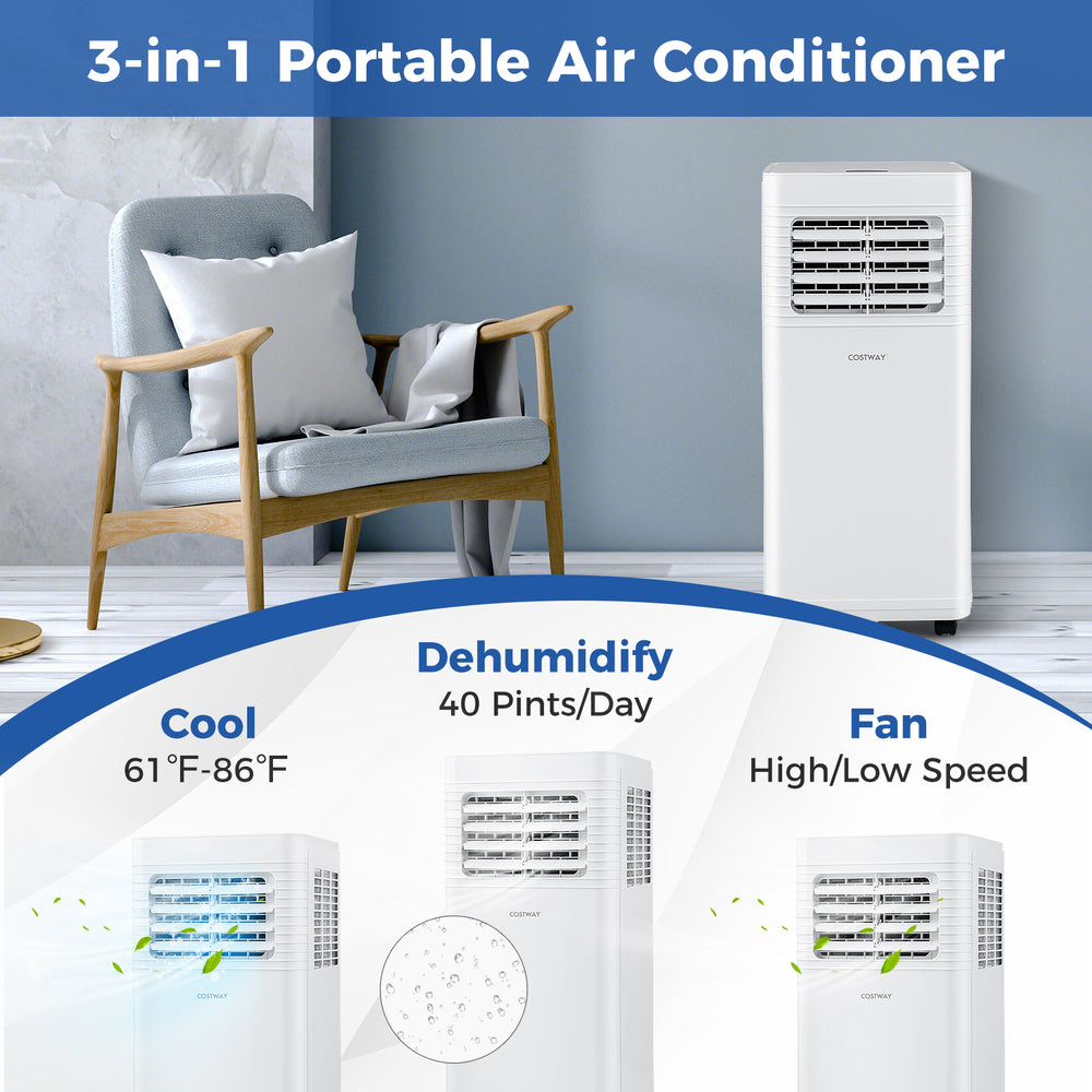 8000 BTU portable air conditioner with fan and dehumidifier, ideal for rooms up to 300 sq.ft, featuring remote control.
