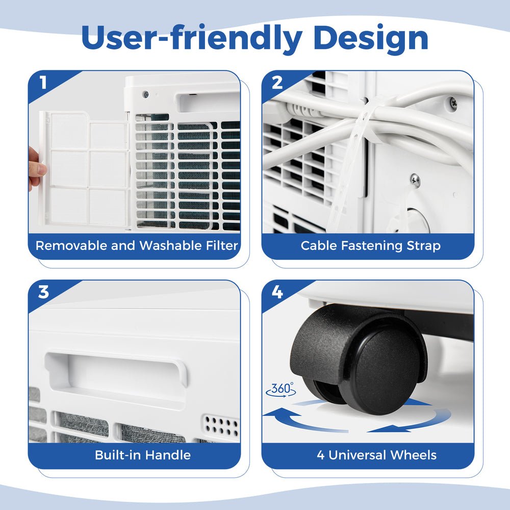 User-friendly design features of the 8000 BTU portable air conditioner, including removable filter and universal wheels.