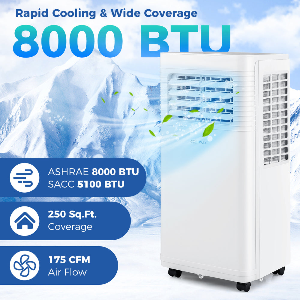 8000 BTU portable air conditioner with remote control, suitable for rooms up to 250 sq.ft, ideal for cooling and.