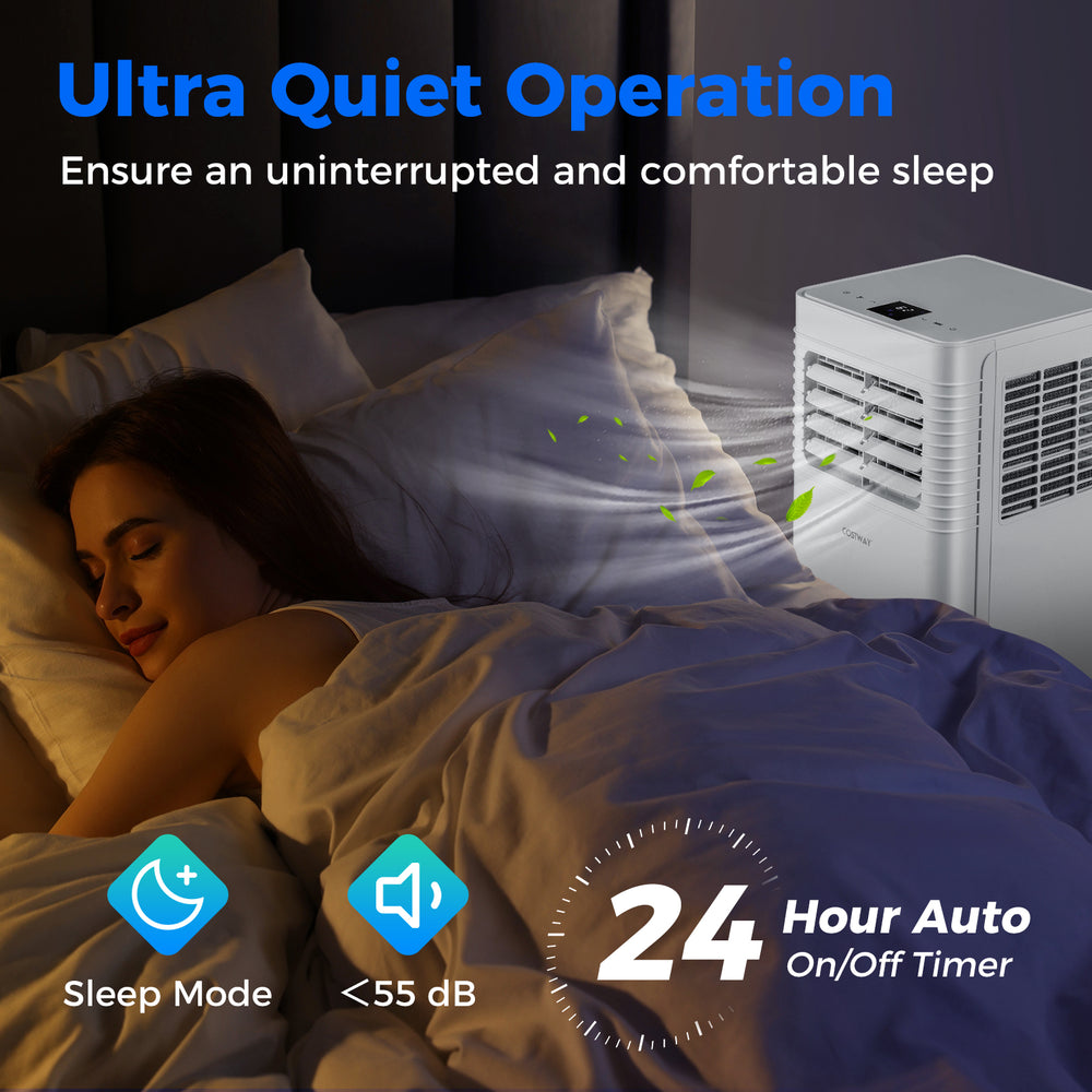 Portable 8000 BTU air conditioner in sleep mode, ensuring quiet operation for restful nights in bedrooms.