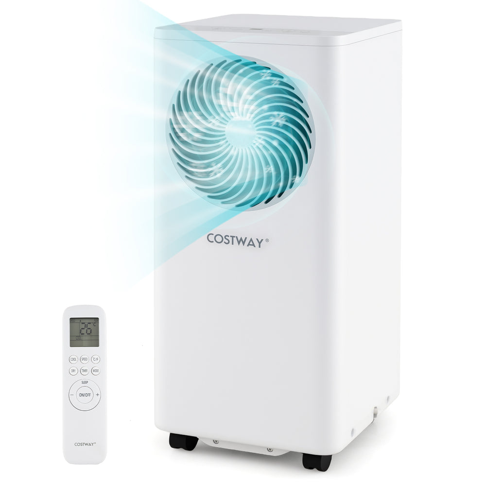 Portable 8200 BTU air conditioner with remote control, featuring cooling, fan, and dehumidifier modes for versatile.