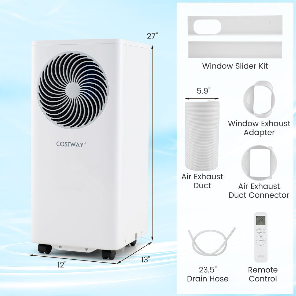 Portable 8200 BTU air conditioner with remote control, window kit, and 3-in-1 functionality for efficient cooling.