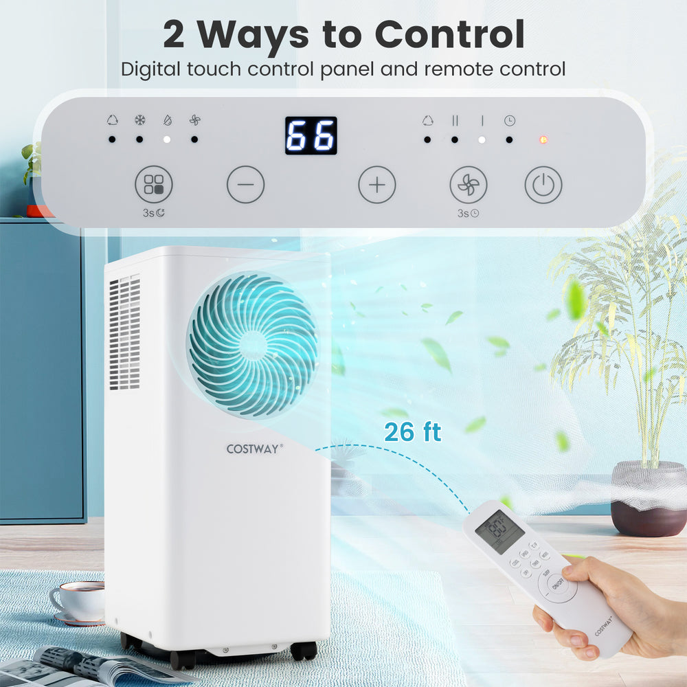 Portable air conditioner with touch control panel and remote, featuring 8200 BTU cooling capacity for versatile comfort.