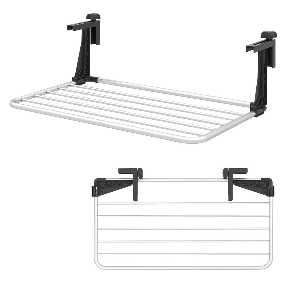 Portable aluminum clothes and towel drying rack with adjustable brackets, featuring 7 bars for hanging multiple items.