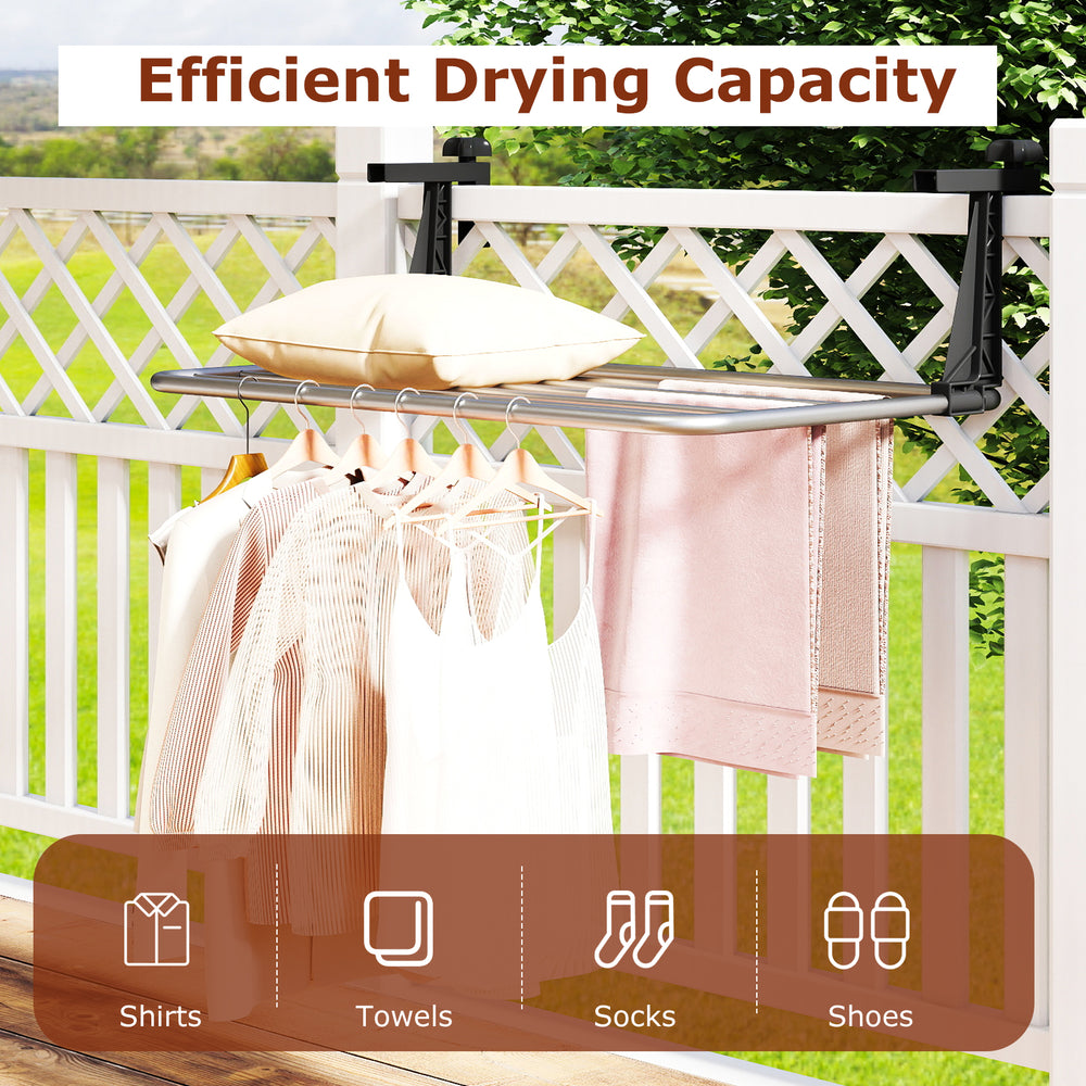 Portable aluminum clothes and towel drying rack with 7 bars, ideal for outdoor use on railings and guardrails.