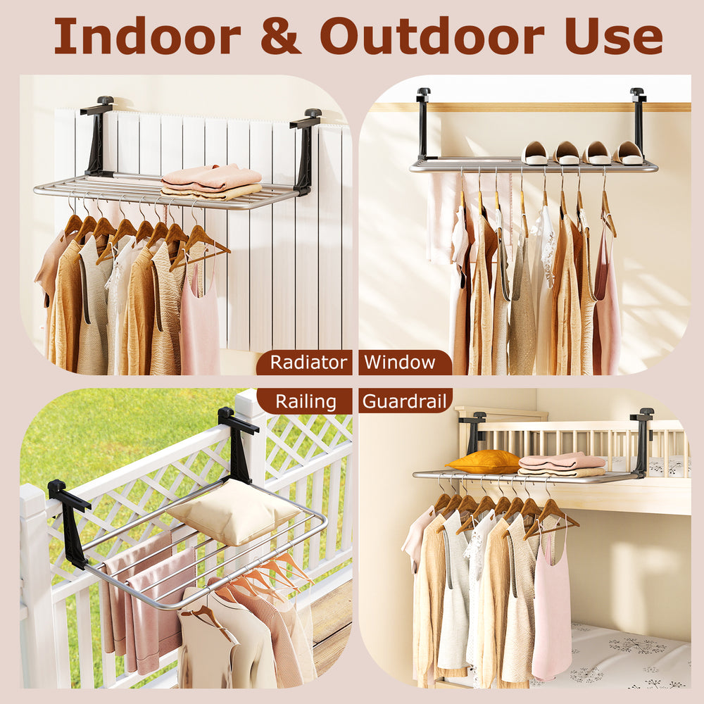 Portable aluminum clothes and towel drying rack with adjustable brackets for indoor and outdoor use, featuring 7.