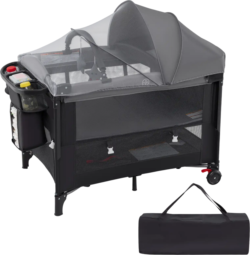 Foldable baby bassinet in gray with adjustable heights, changing table, and detachable mesh cover for versatile use.