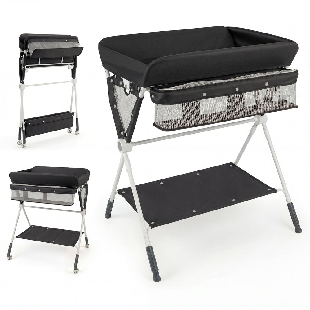 Portable baby changing table in black with adjustable height, storage basket, and foldable design for easy use.