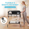 Portable baby changing table in black with adjustable height, spacious storage, and 4 lockable wheels for easy mobility.