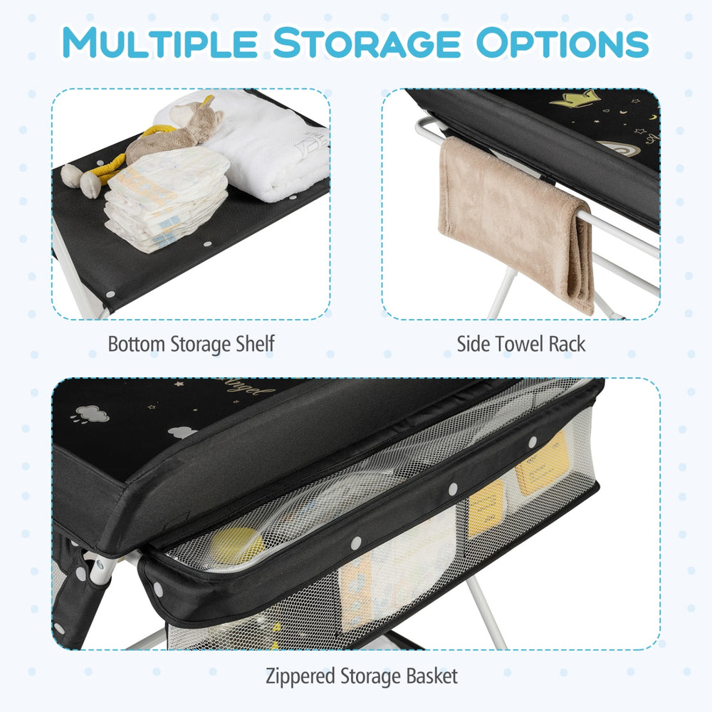 Portable baby changing table featuring a zippered storage basket, bottom shelf, and side towel rack for convenient.