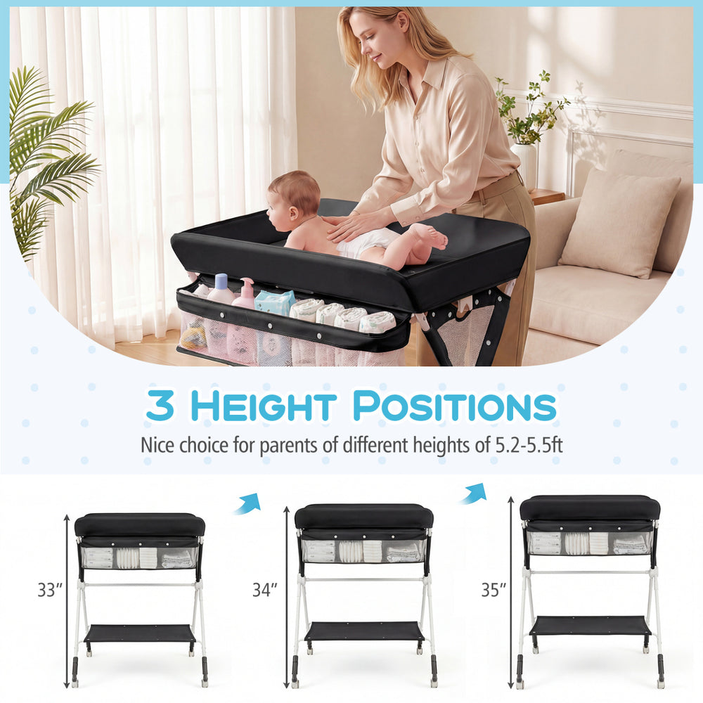 Portable baby changing table in black with 3 adjustable heights for comfortable diaper changing and convenient storage.