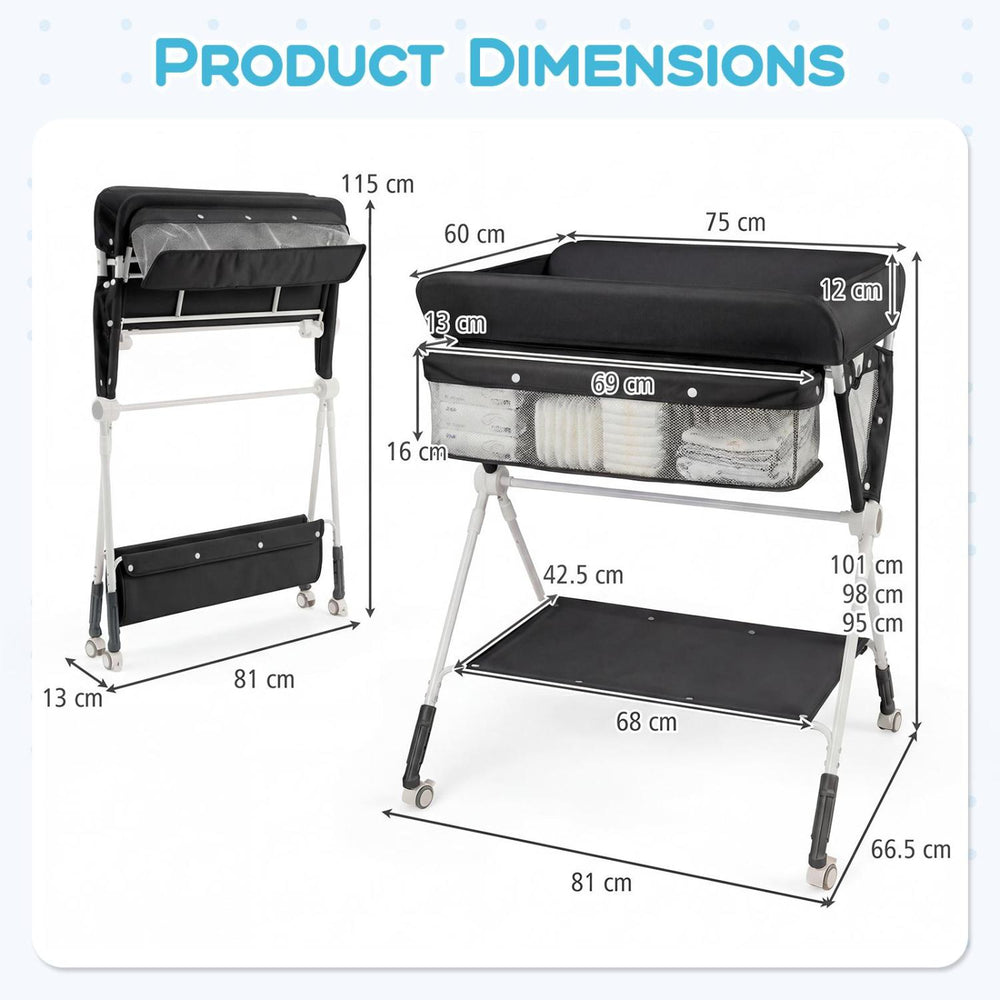 Portable baby changing table in black with adjustable height, spacious storage, and foldable design for easy use.