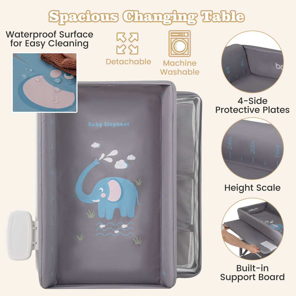Portable gray baby changing table with wheels, spacious tabletop, and ample storage rack for easy mobility and.