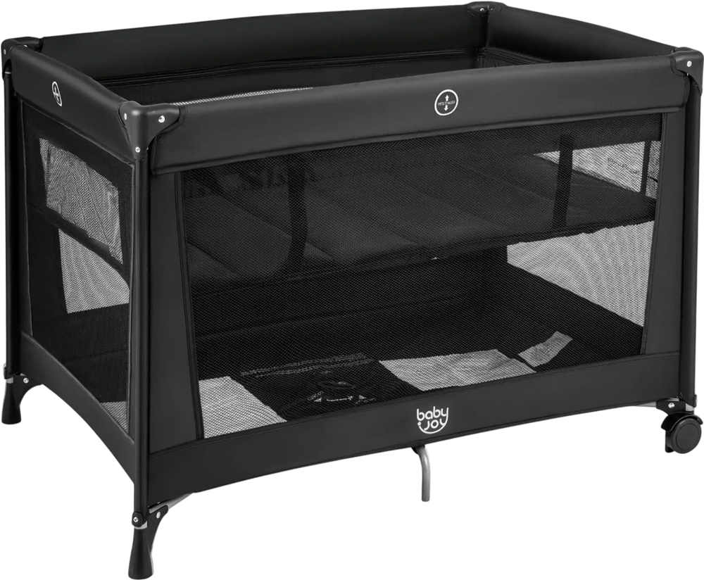 Portable baby playard in black, featuring breathable mesh, foldable mattress, and wheels for easy travel and setup.