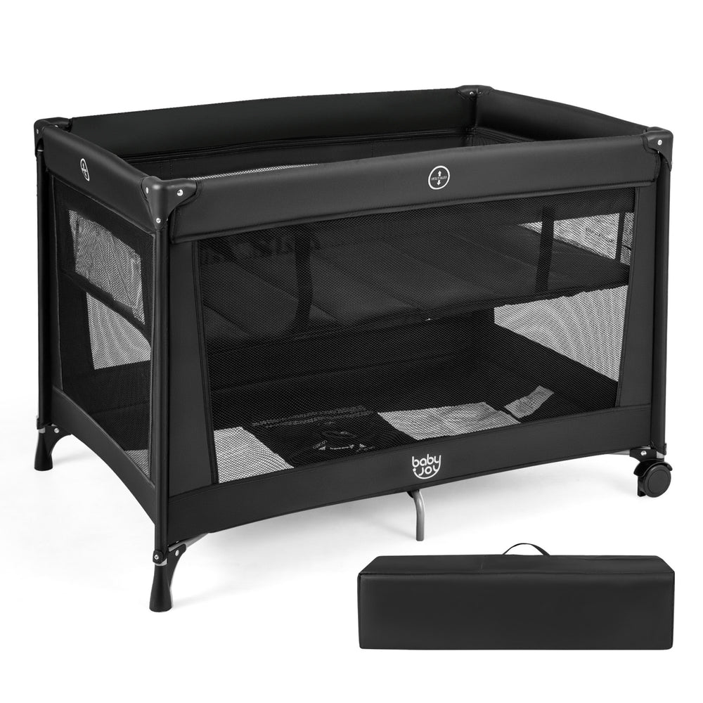 Portable baby playard in black with breathable mesh, foldable mattress, and wheels for easy travel and storage.