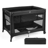 Portable baby playard in black with breathable mesh, foldable mattress, and wheels for easy travel and storage.