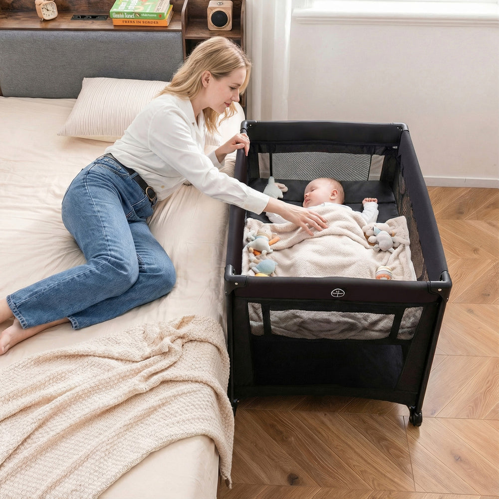 Portable Baby Playard Folding Travel Crib for Infants with Soft Mattress-Black - Gallery View 1 of 10