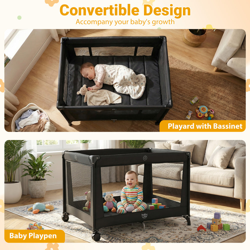Portable baby playard in black with soft mattress, used as crib or playpen, ideal for travel and safe for infants.