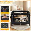 Portable baby playard in black with breathable mesh, foldable mattress, and child-safe features for infants.