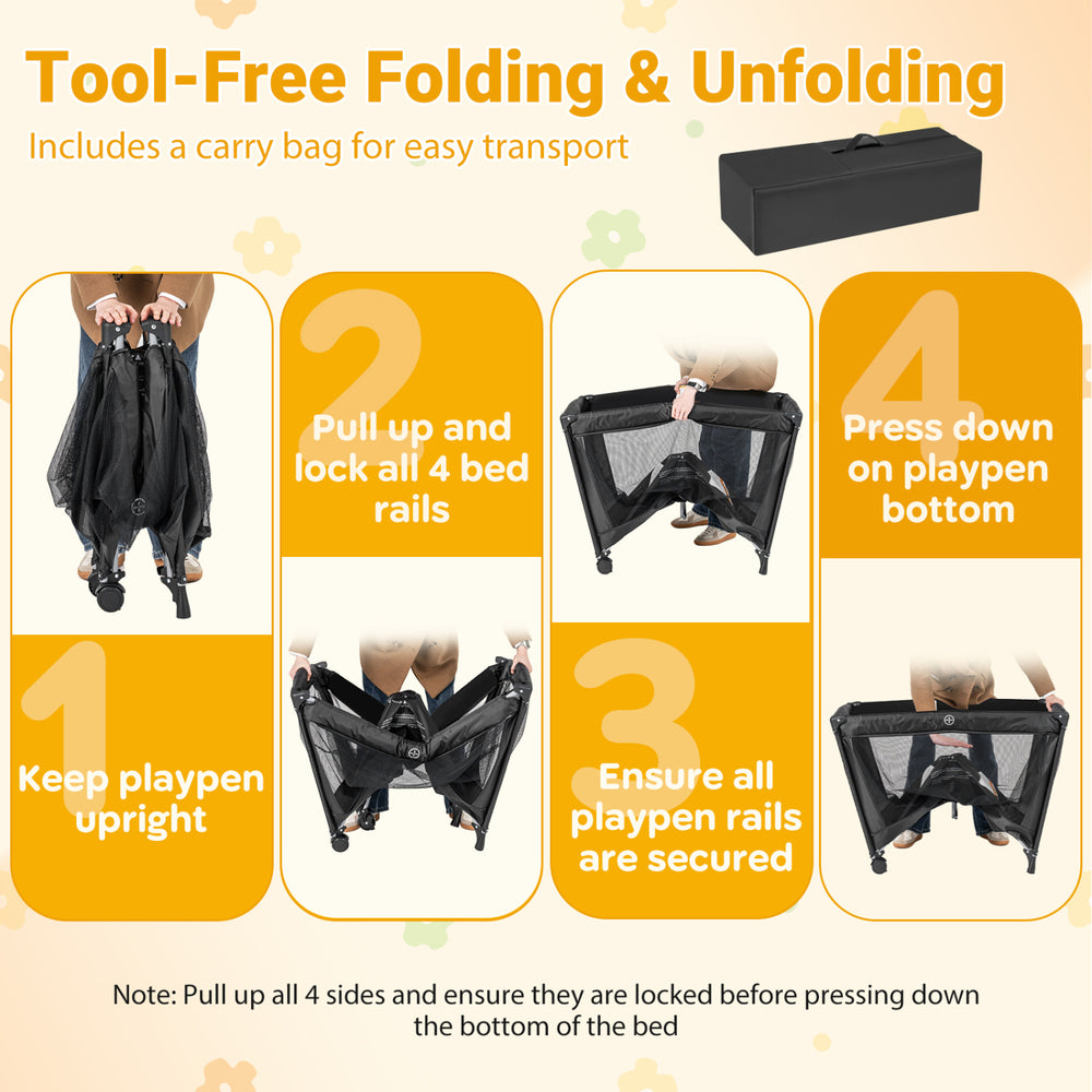 Portable black baby playard with soft mattress, easy to fold for travel, includes carry bag and safety features.