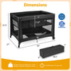 Portable baby playard in black with dimensions, featuring breathable mesh and foldable mattress for safe infant use.