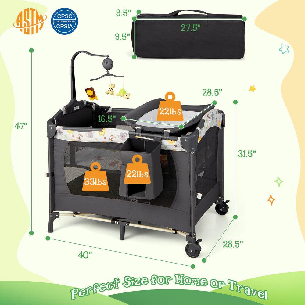 3-in-1 convertible portable baby playard in dark gray with adjustable sidebars, music box, and wheels for stability.
