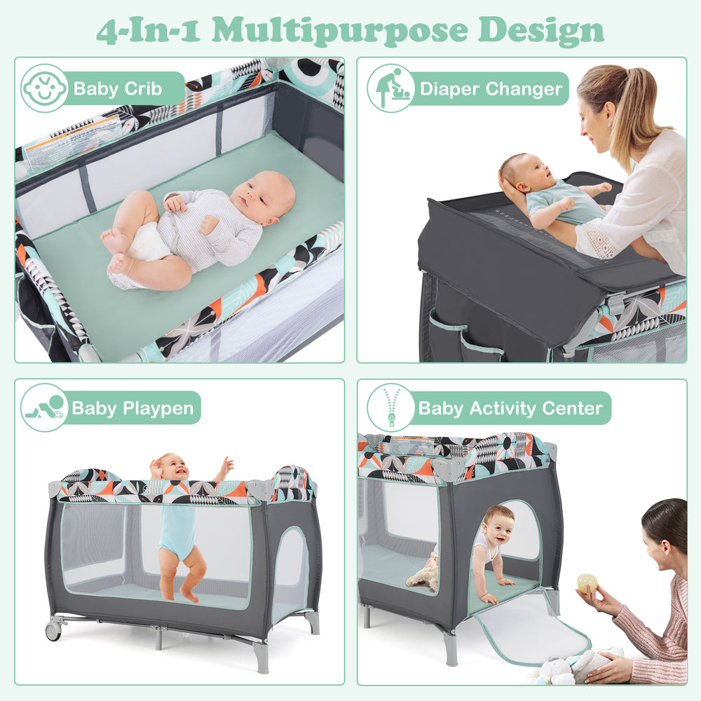 Portable baby playard in blue featuring a diaper changer, bassinet, and activity center for versatile use and easy.