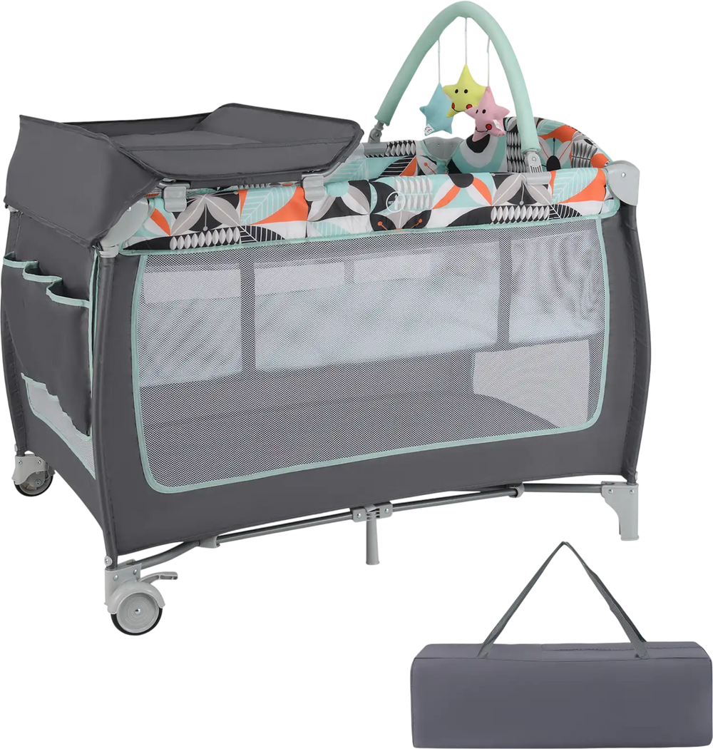 3-in-1 portable baby playard in blue with zippered door, toy bar, and breathable mesh for safe, fun playtime.