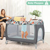 Portable baby playard in blue with zippered door, toy bar, and breathable mesh, ideal for play and sleep.