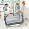 Portable baby playard with zippered door and toy bar, featuring durable oxford cloth and lockable rolling wheels for.