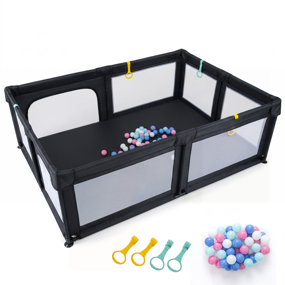 Portable Baby Playpen with 50 Ocean Balls Breathable Mesh and Safe Zippered Doors-Black - Gallery View 1 of 1