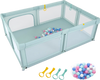 Portable baby playpen in blue with breathable mesh, includes 50 ocean balls and safety zippered doors for secure play.