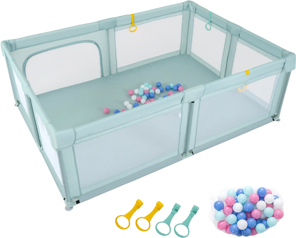 Portable baby playpen in blue with breathable mesh, includes 50 ocean balls and safety zippered doors for secure play.