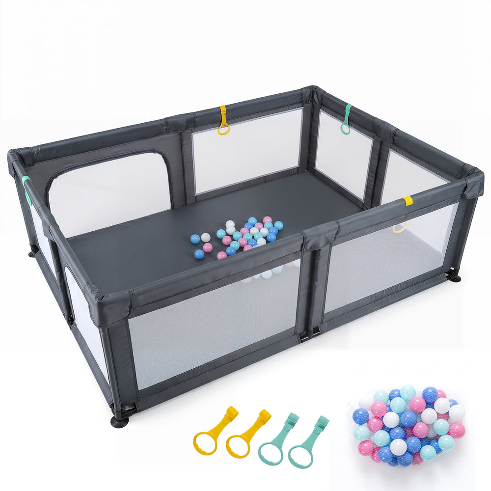 Portable Baby Playpen with 50 Ocean Balls Breathable Mesh and Safe Zippered Doors-Gray - Gallery View 1 of 1