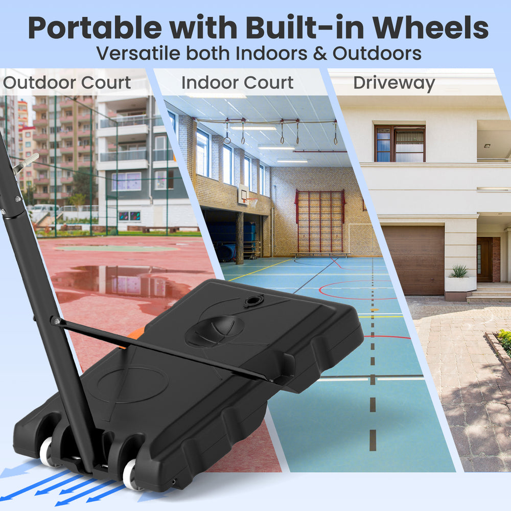 Portable basketball hoop with adjustable height, sturdy base, and built-in wheels for indoor and outdoor use.