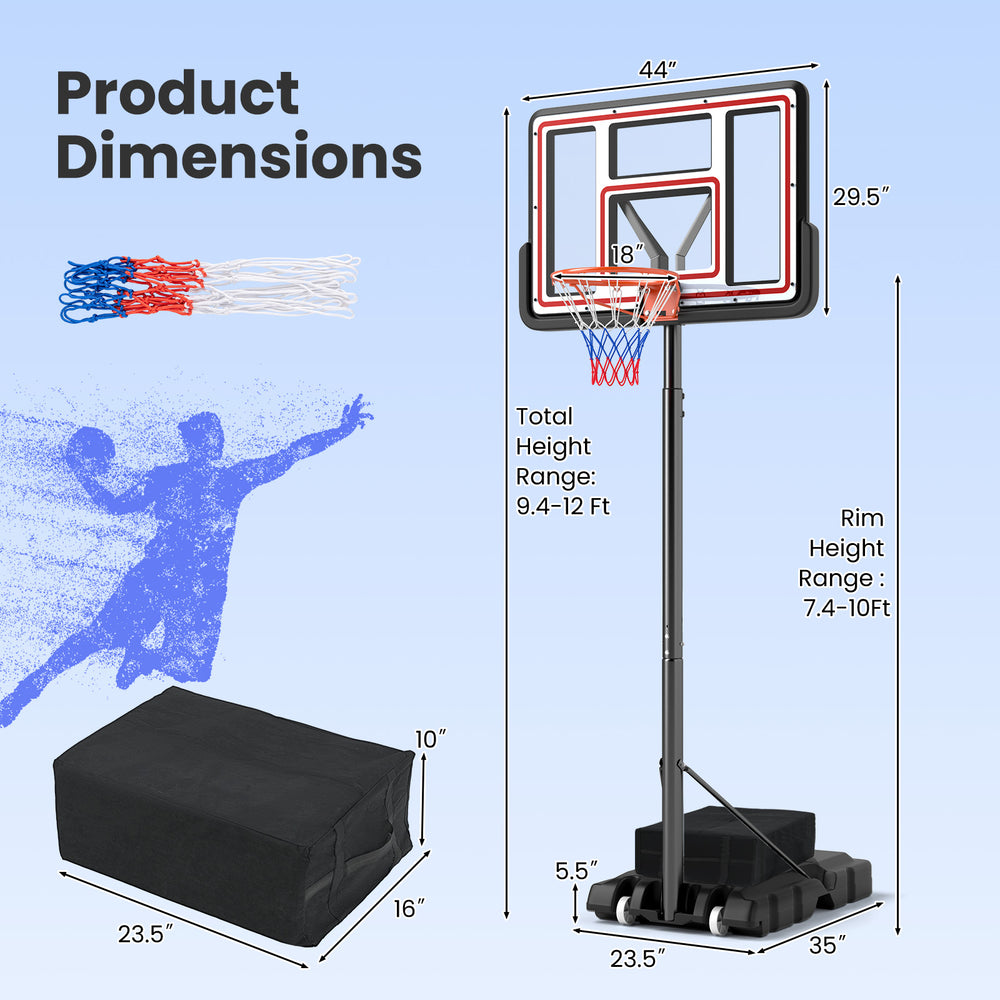 Adjustable portable basketball hoop with 44" backboard, height range 7.4-10ft, suitable for indoor and outdoor use.