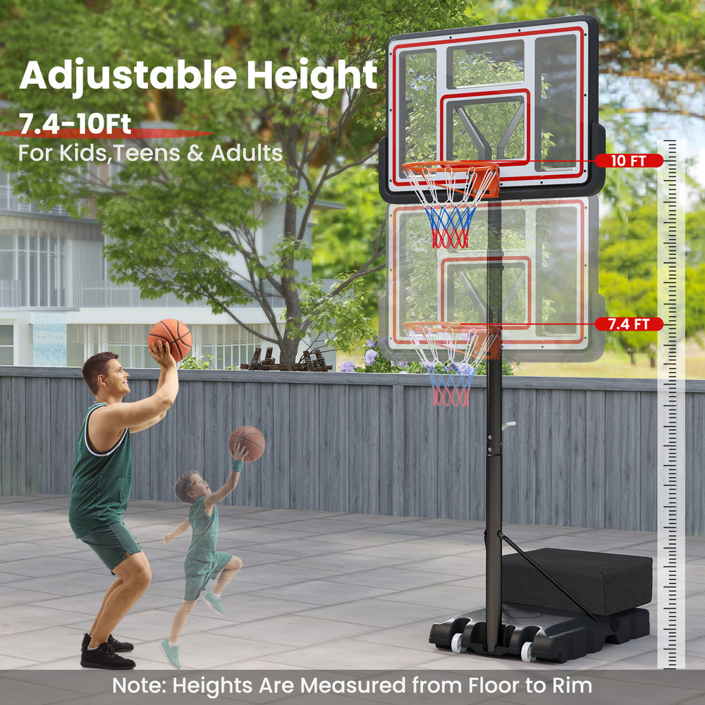 Adjustable basketball hoop with 44" backboard, height from 7.4-10ft, ideal for kids and adults, suitable for indoor and.