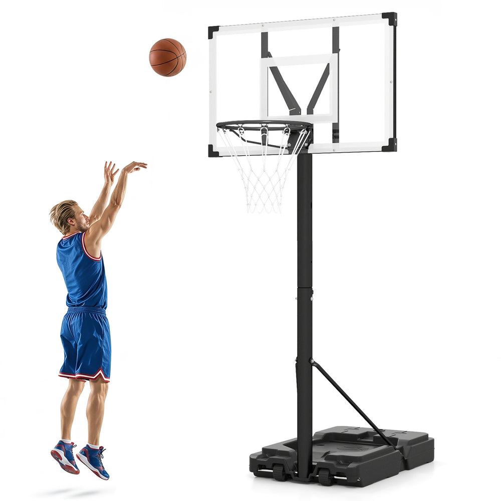 Adjustable portable basketball hoop showcases a player shooting, featuring a 44" backboard and height from 4.43 to 10 ft.