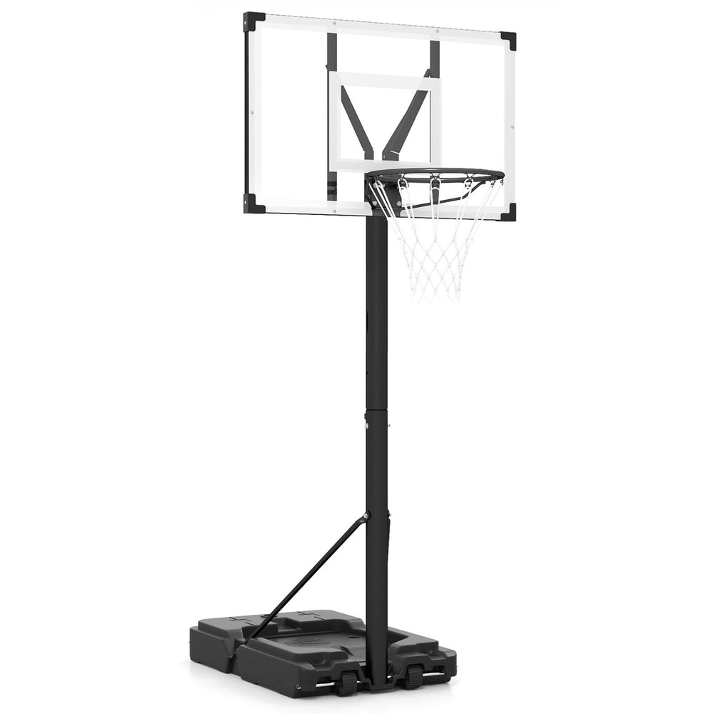 Portable basketball hoop with a 44" backboard, adjustable height from 4.43 to 10 ft, and built-in ball storage for convenience.