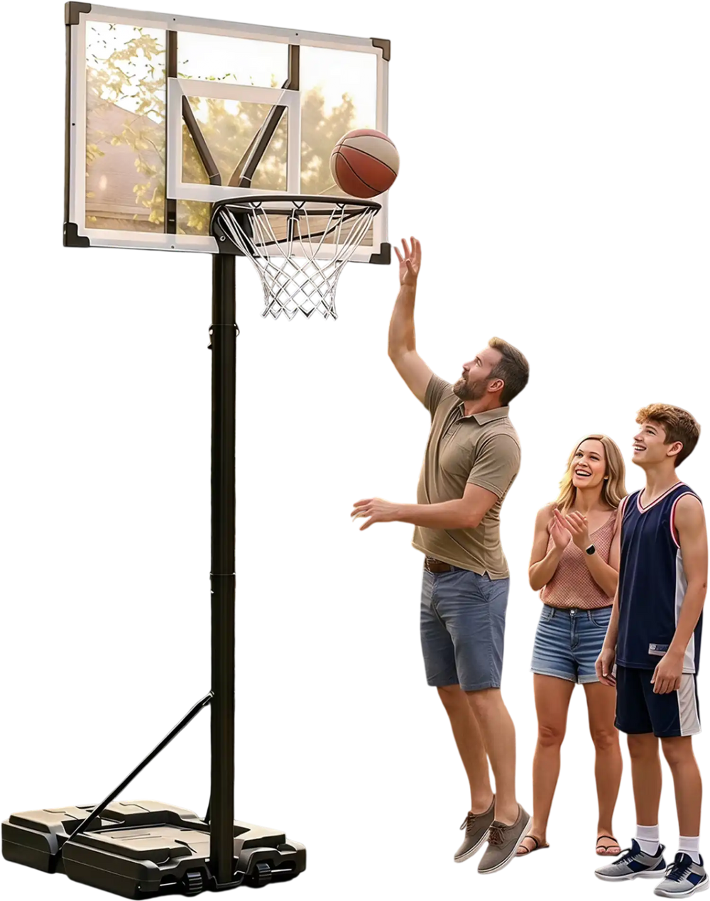 Portable basketball hoop with adjustable height, 44" backboard, and built-in ball storage for outdoor play and training.