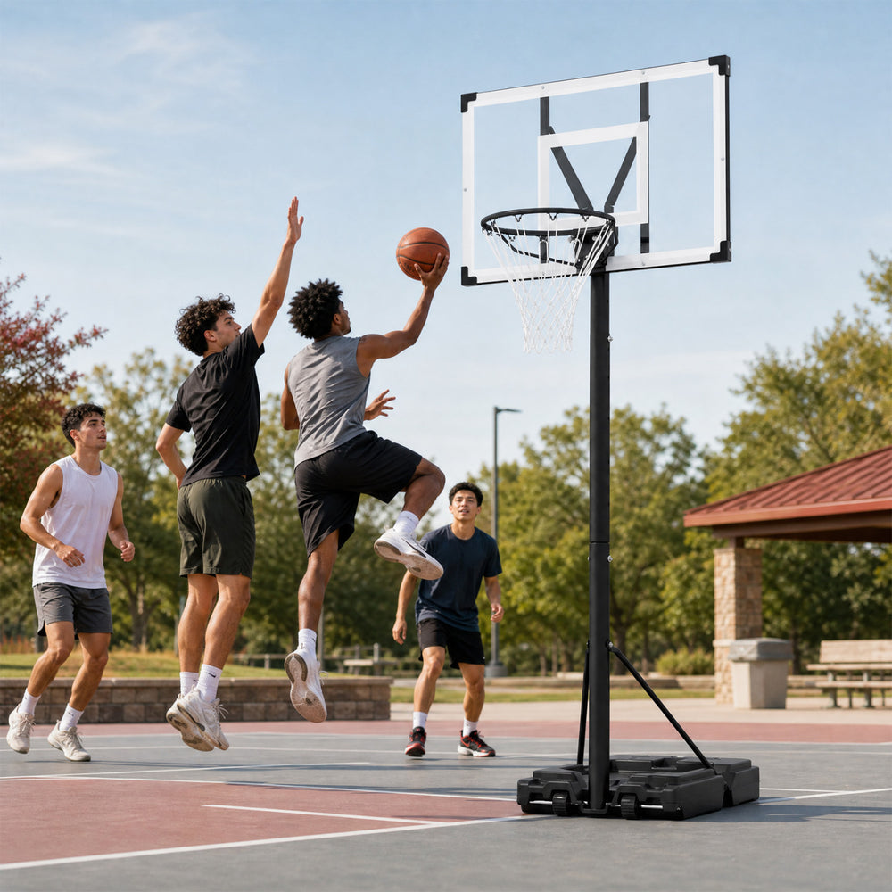 Portable basketball hoop with adjustable height, robust backboard, and built-in ball storage for versatile outdoor play.