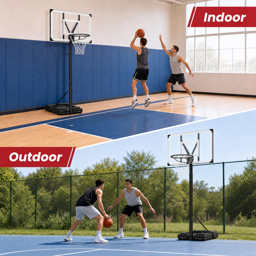 Portable basketball hoop with adjustable height and robust 44" backboard for indoor and outdoor play.