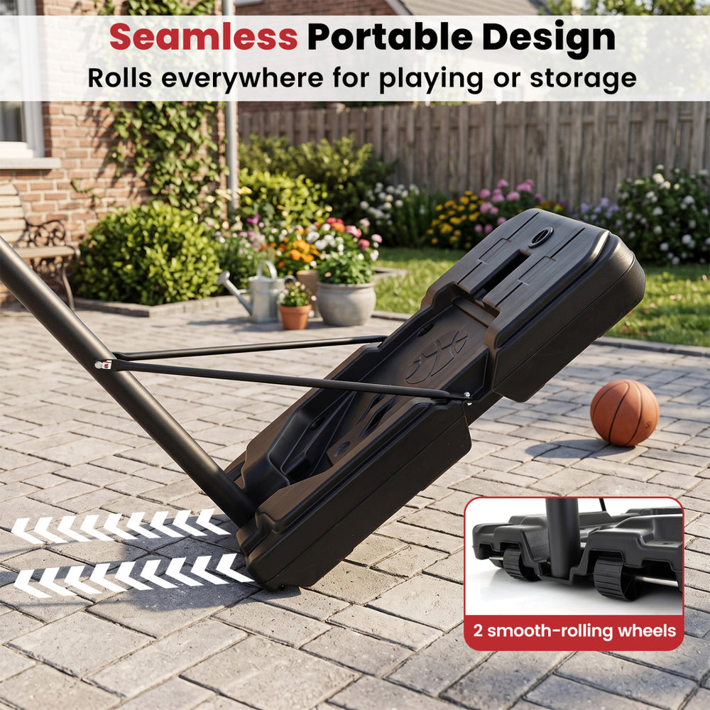 Portable basketball hoop features a seamless design with 2 smooth-rolling wheels for easy transport and storage.