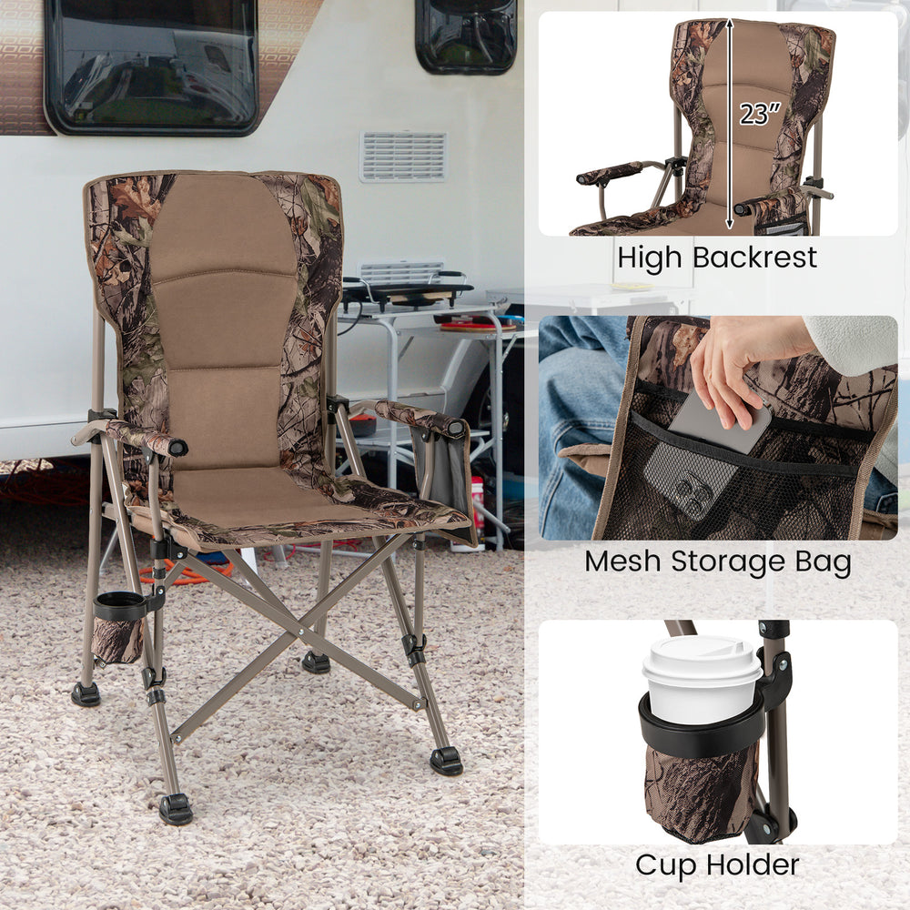 Portable camping chair with high backrest, 400 lbs metal frame, and cup holder, perfect for outdoor activities.
