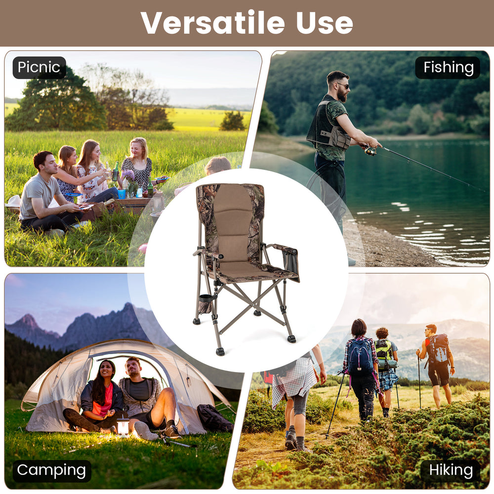 Portable camping chair with 400 lbs metal frame, breathable fabric, and cup holder, perfect for fishing and picnics.